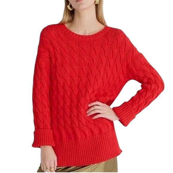J.Crew S NEW Cotton Blend Cable Knit Side Slit Crewneck Sweater Scarlett Red - Picture 1 of 10